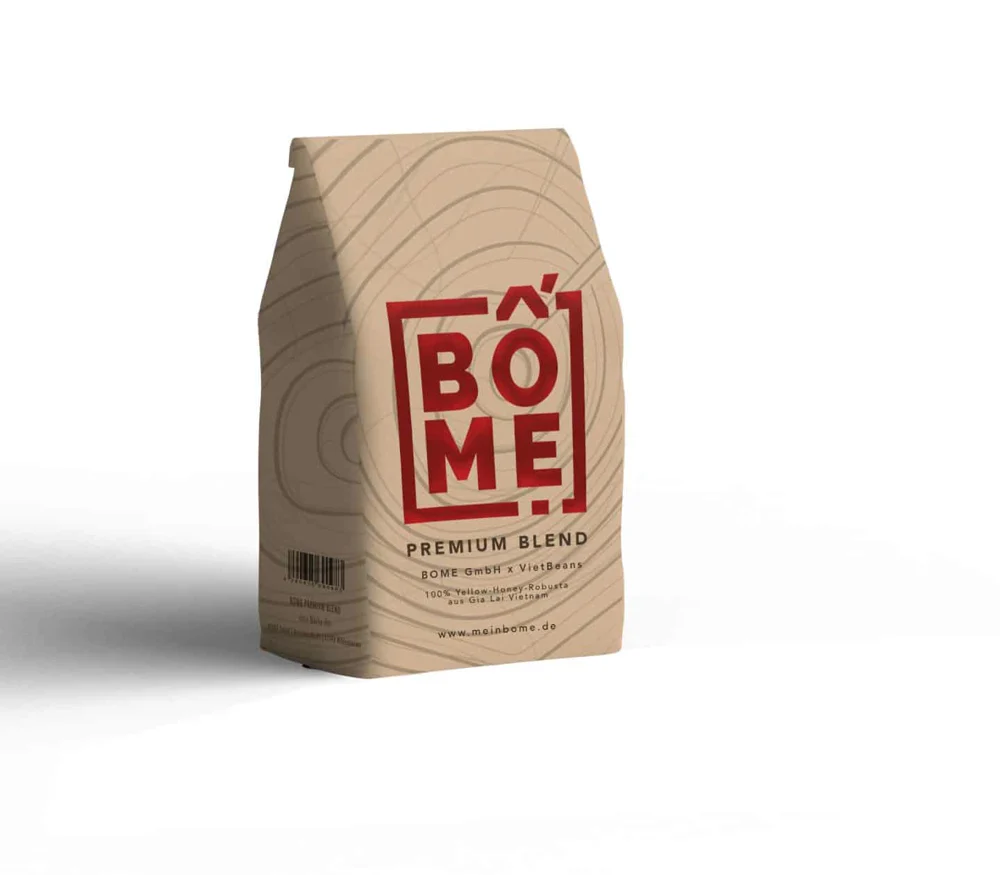 Tüte BOME Premium Blend aus Kraftpapier mit rotem BOME-Logo