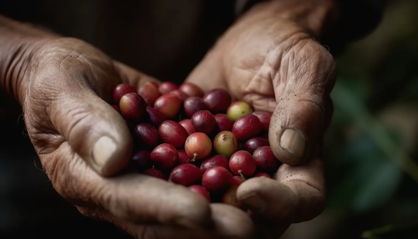 Zwei Hände halten eine Handvoll reifer Kaffeekirschen