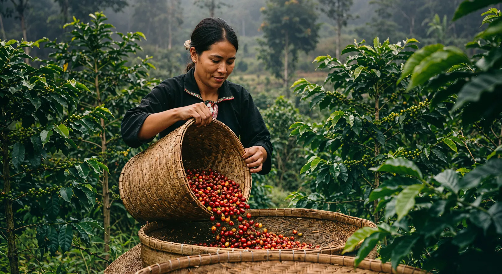 Eine Pflückerin schüttet frisch geerntete Kaffeekirschen aus einem Korb in eine flache Schale, umgeben von Kaffeesträuchern